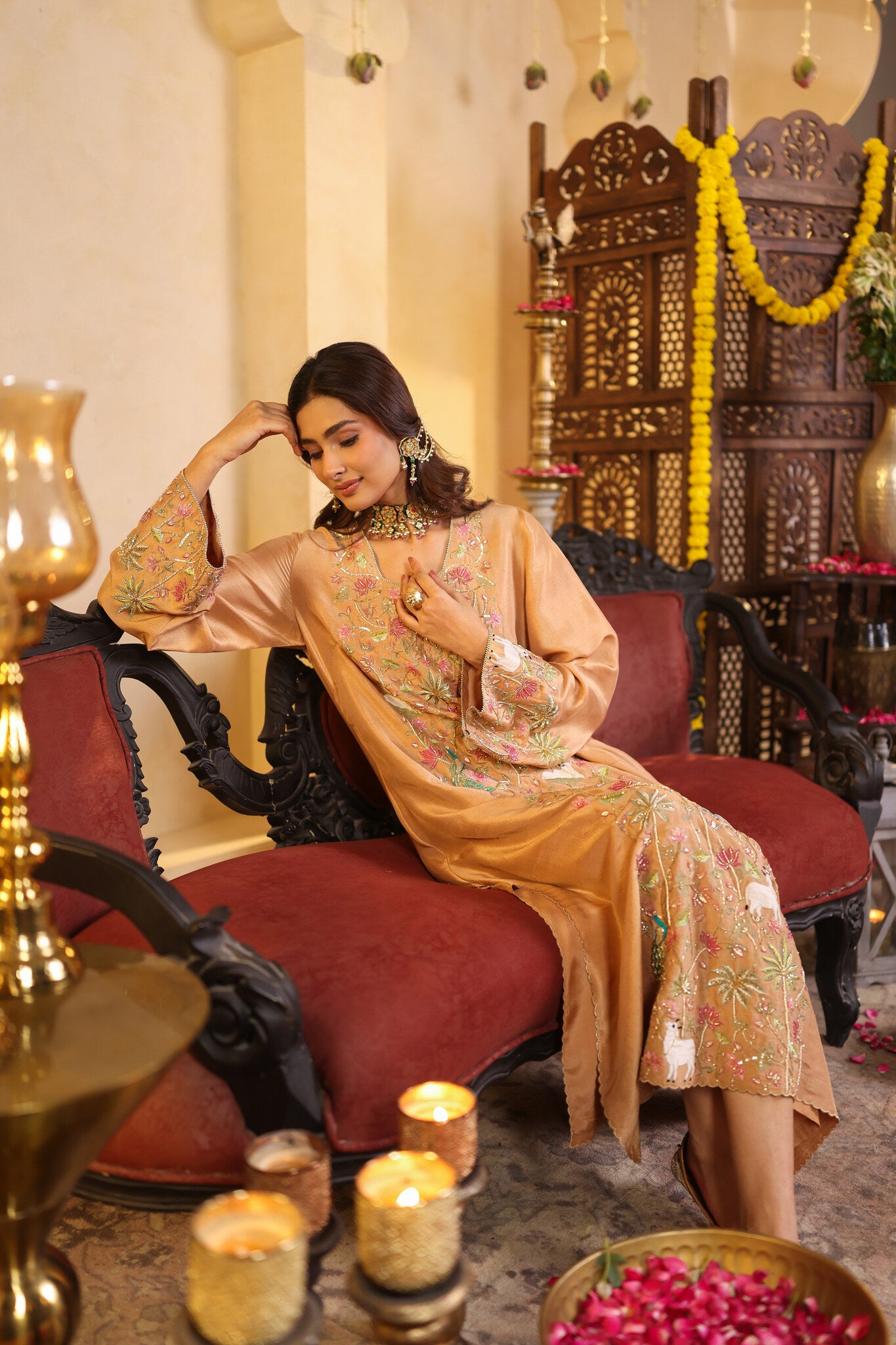 Soft Bronze Set with Floral Embroidery — seated
