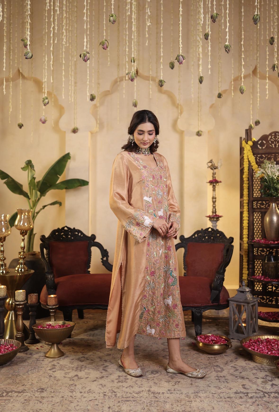 Soft Peach Set with Floral Embroidery