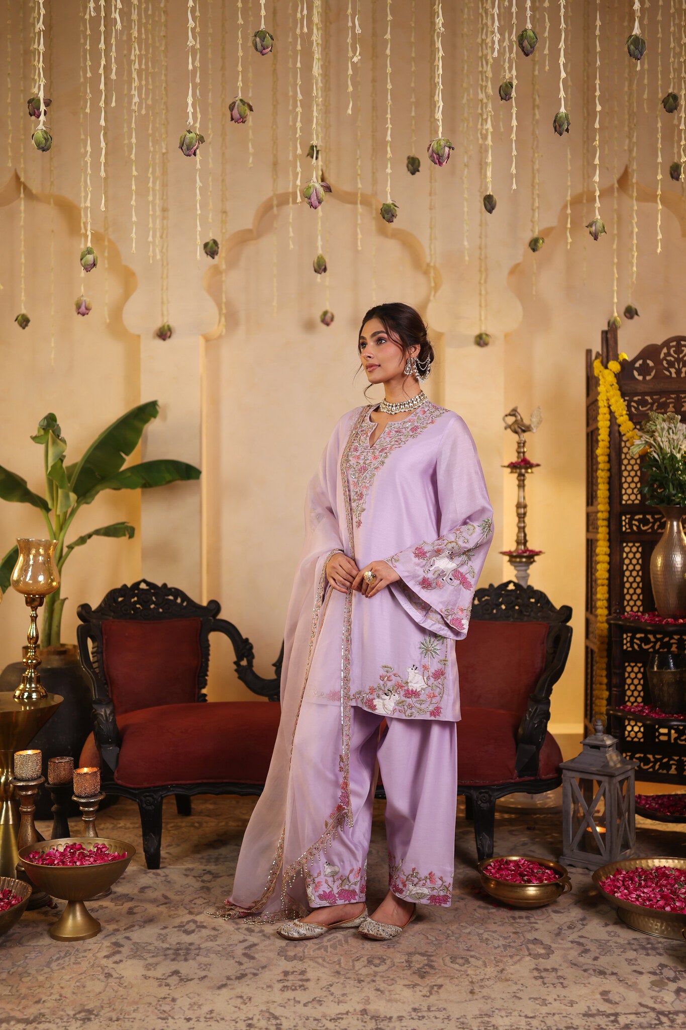 Lilac Kurta Set with Embroidered Detailing — three-quarter view