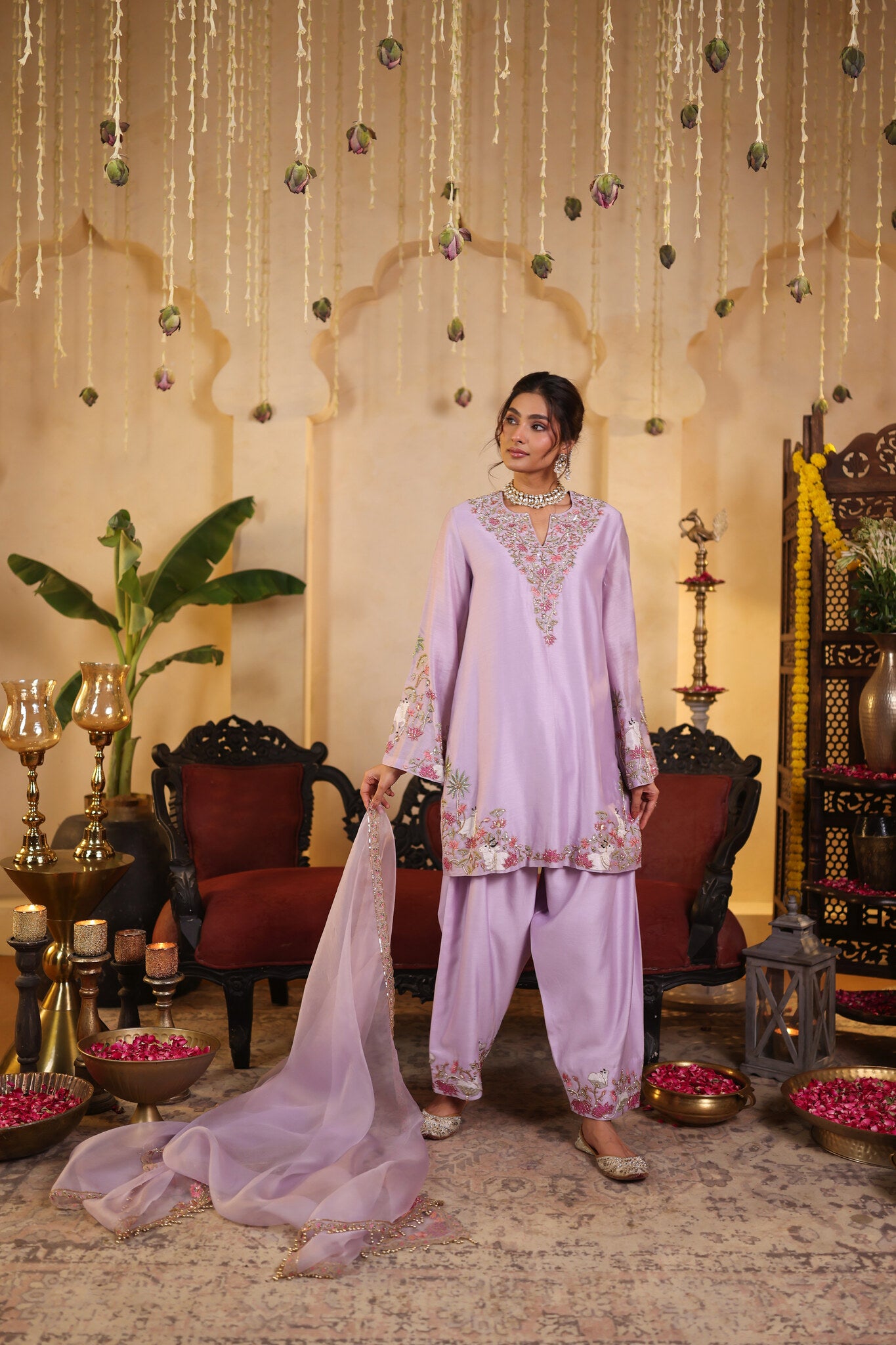 Lilac Kurta Set with Embroidered Detailing — front view, in motion