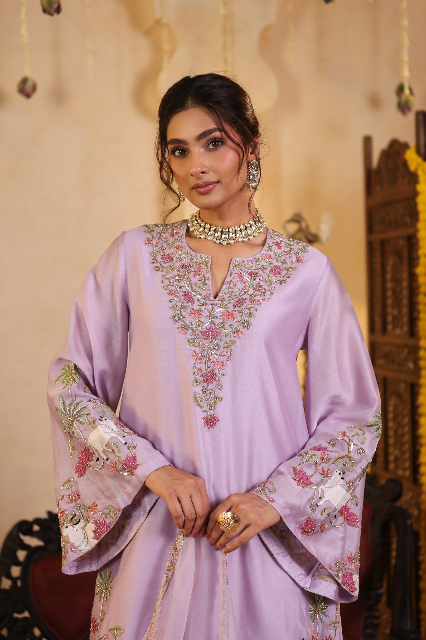 Lilac Kurta Set with Embroidered Detailing — embroidered yoke detail