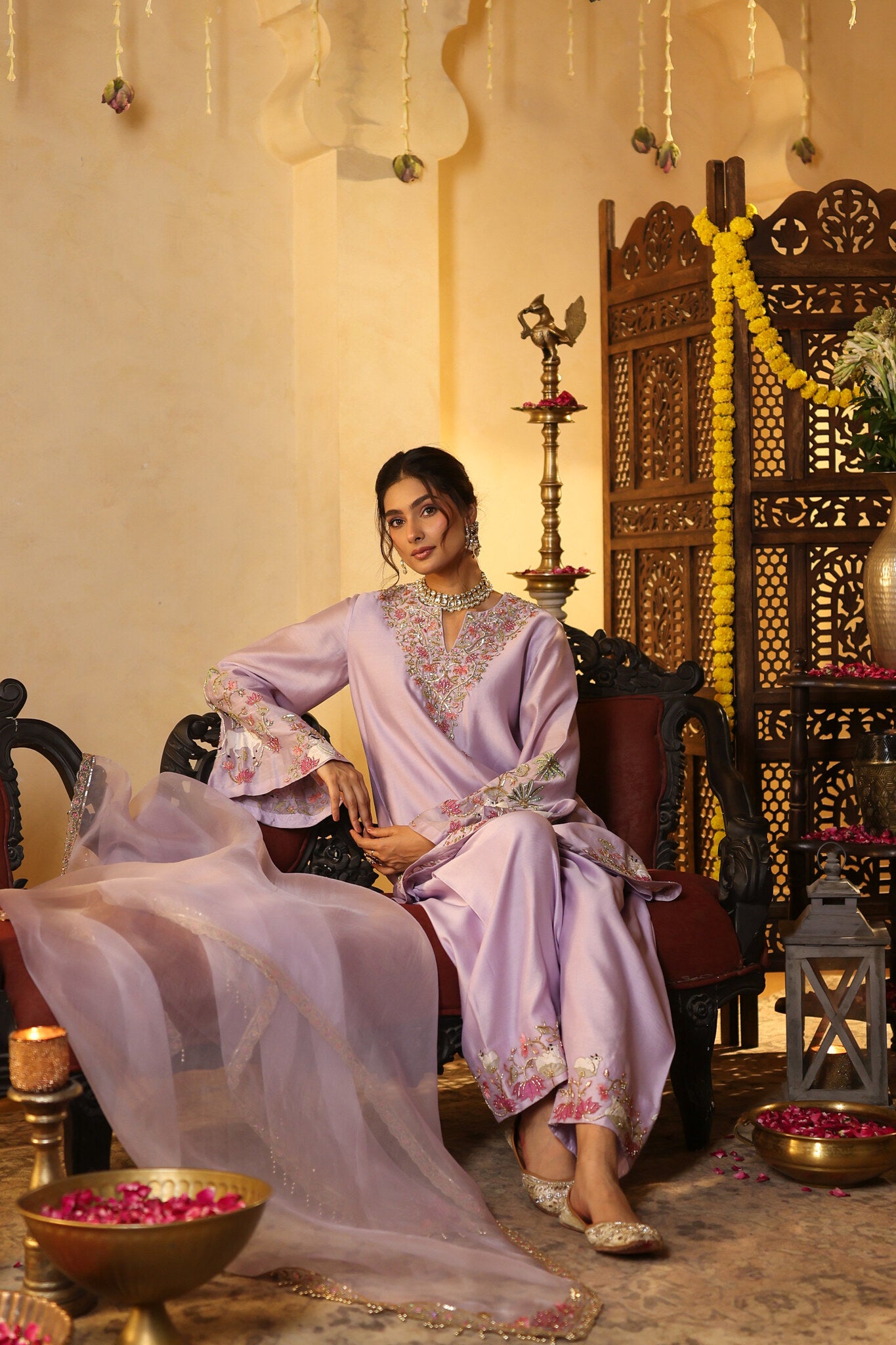 Lilac Kurta Set with Embroidered Detailing — seated
