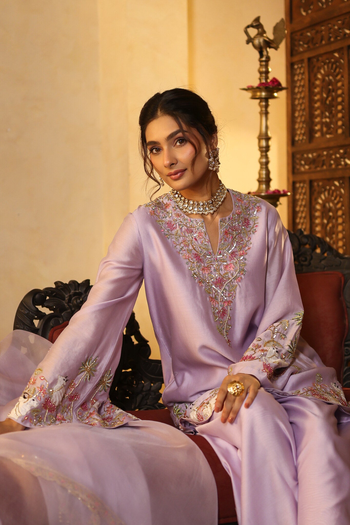 Lilac Kurta Set with Embroidered Detailing — seated