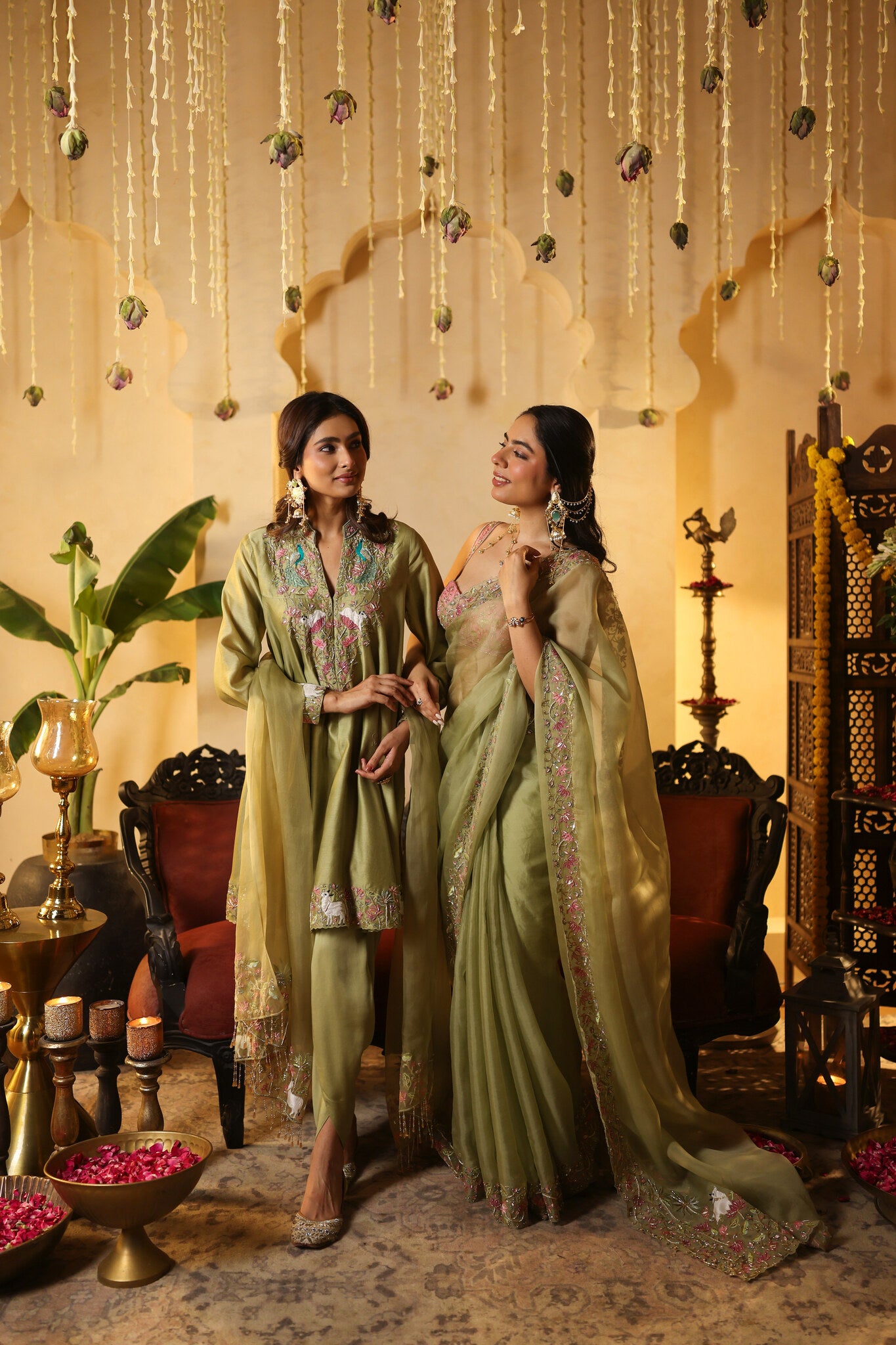 Sage Saree with Embroidered Pink Blouse — styled with the olive kurta set