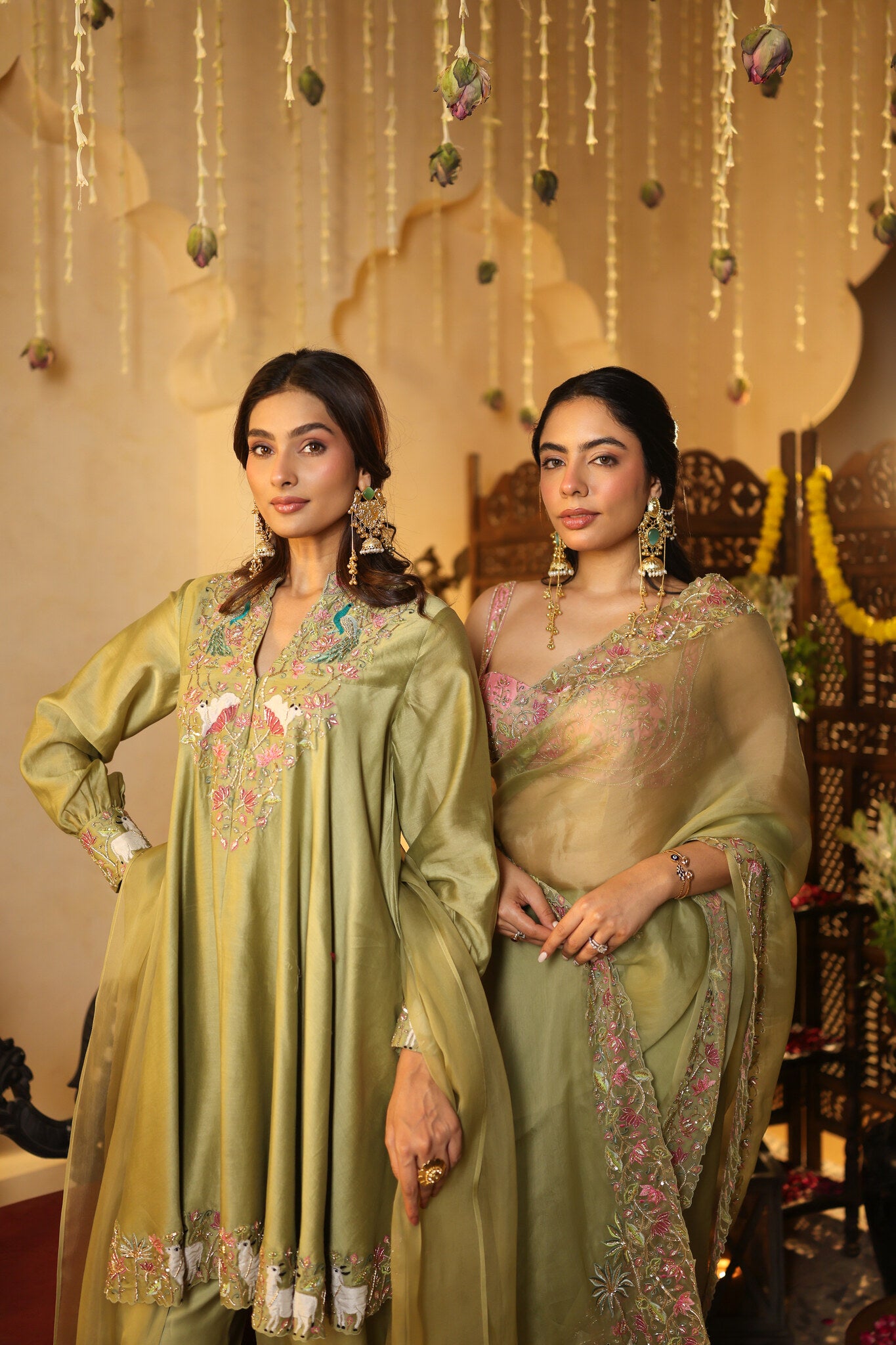 Sage Saree with Embroidered Pink Blouse — styled with the olive kurta set