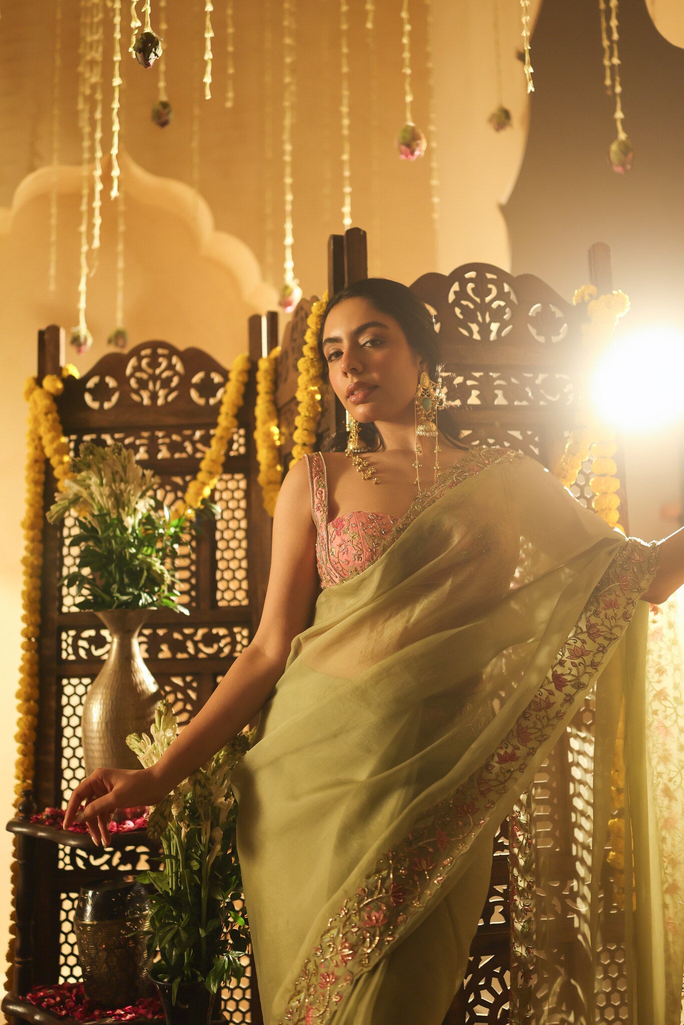 Sage Saree with Embroidered Pink Blouse — editorial