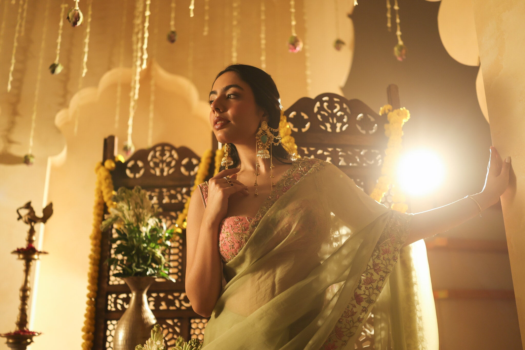 Sage Saree with Embroidered Pink Blouse — editorial