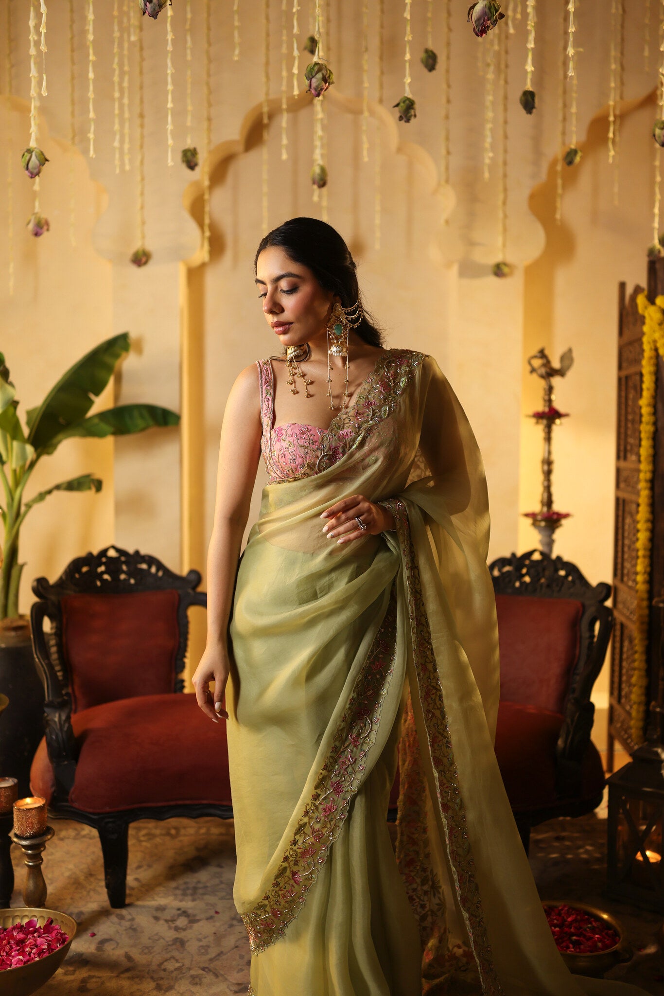 Sage Saree with Embroidered Pink Blouse — three-quarter view