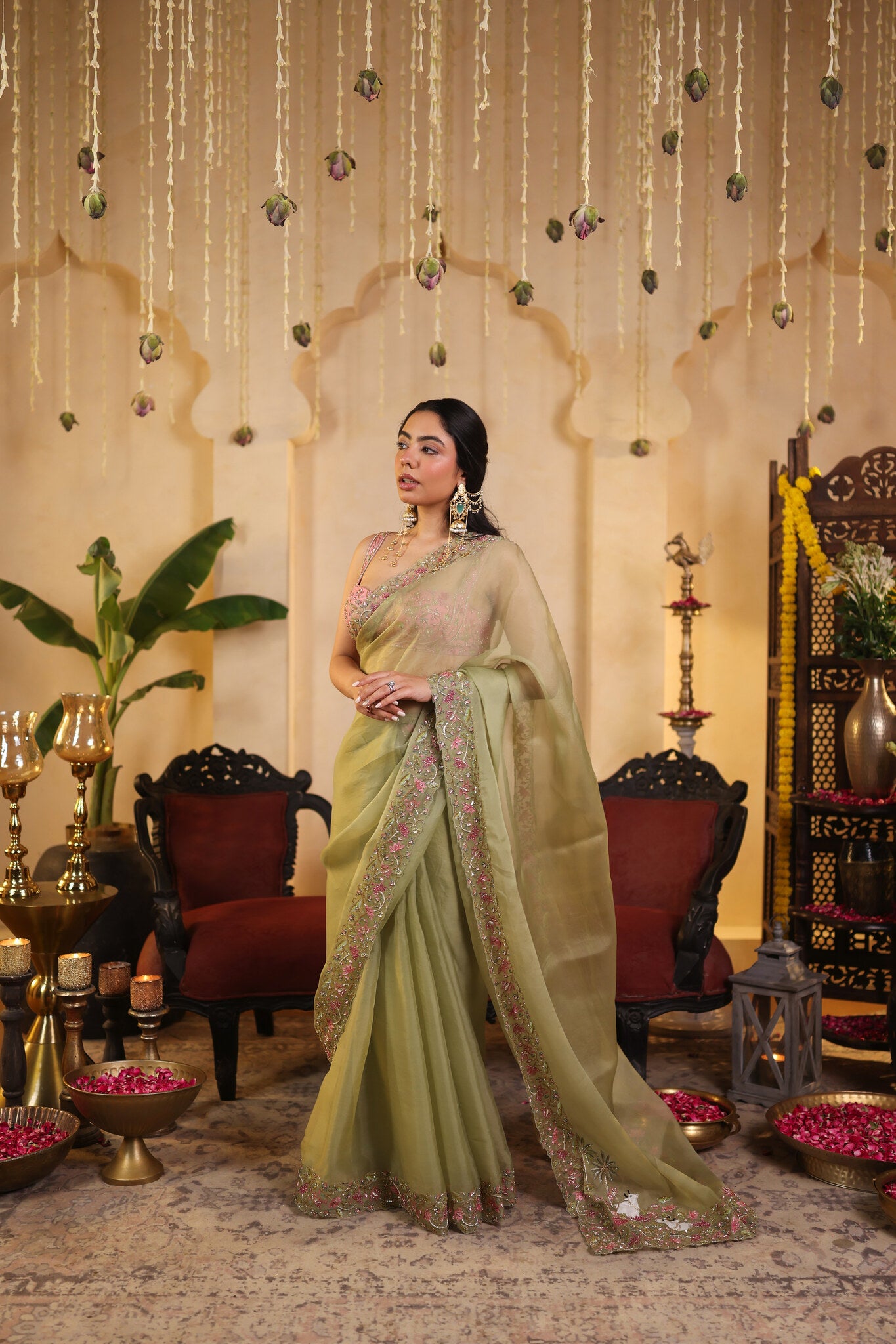 Sage Saree with Embroidered Pink Blouse — three-quarter view