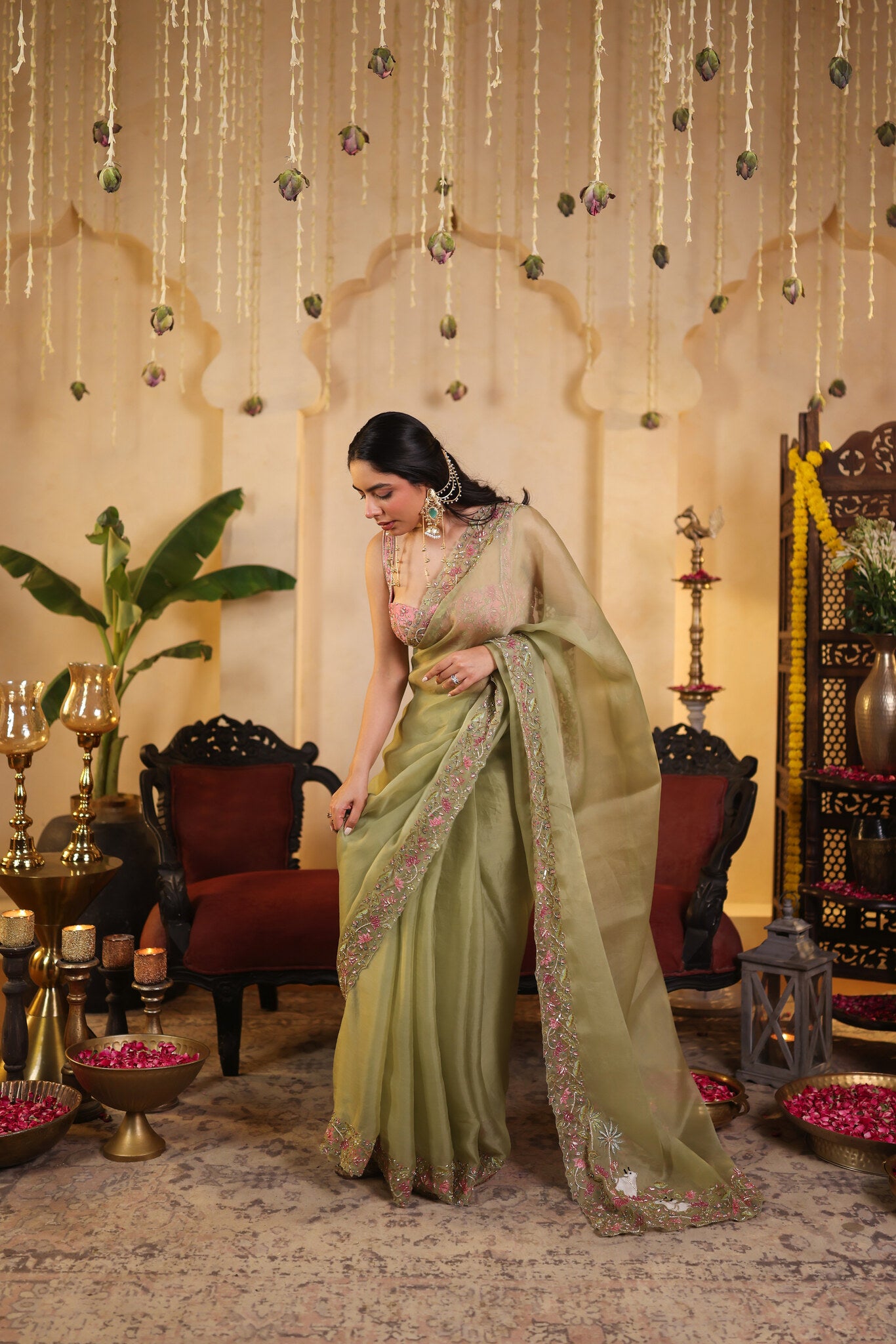 Sage Saree with Embroidered Pink Blouse — side view