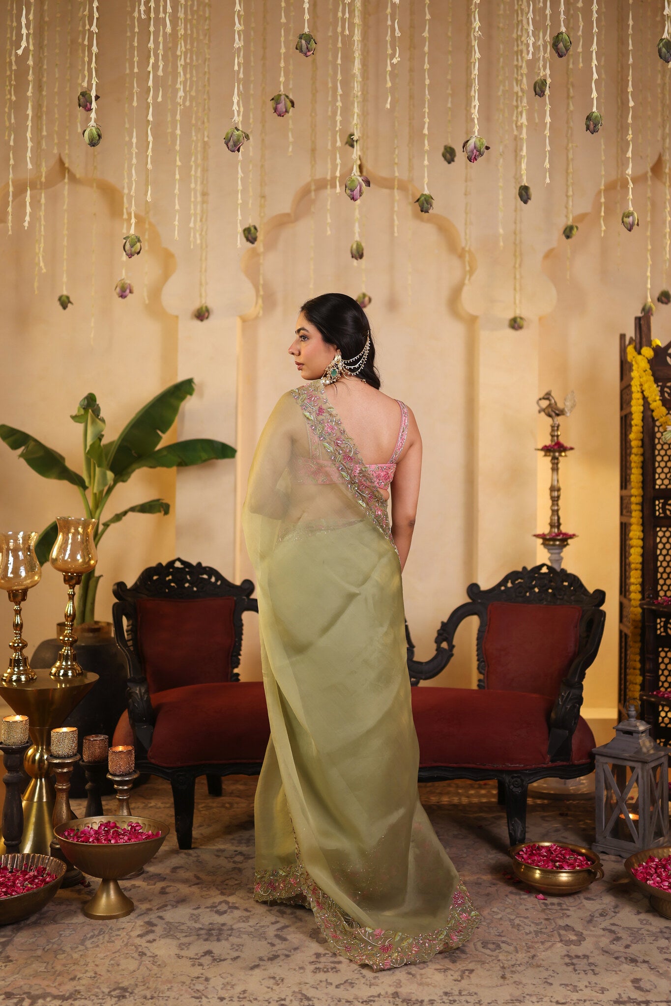 Sage Saree with Embroidered Pink Blouse — back view