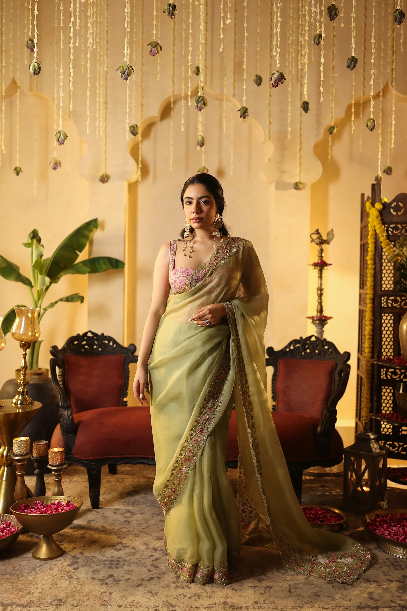 Sage Saree with Embroidered Pink Blouse