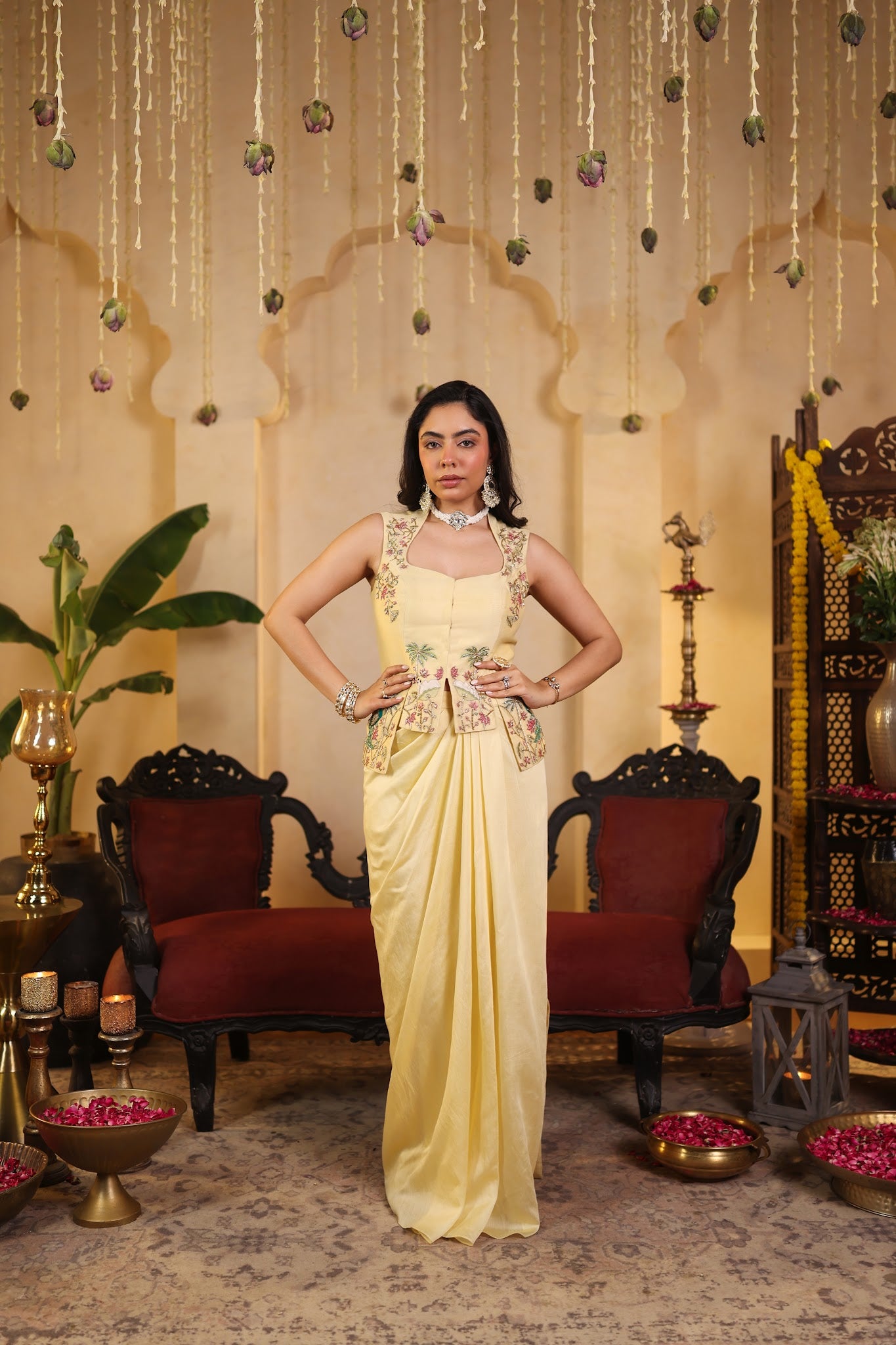 Butter Yellow Co-ord Set with Floral Embroidery
