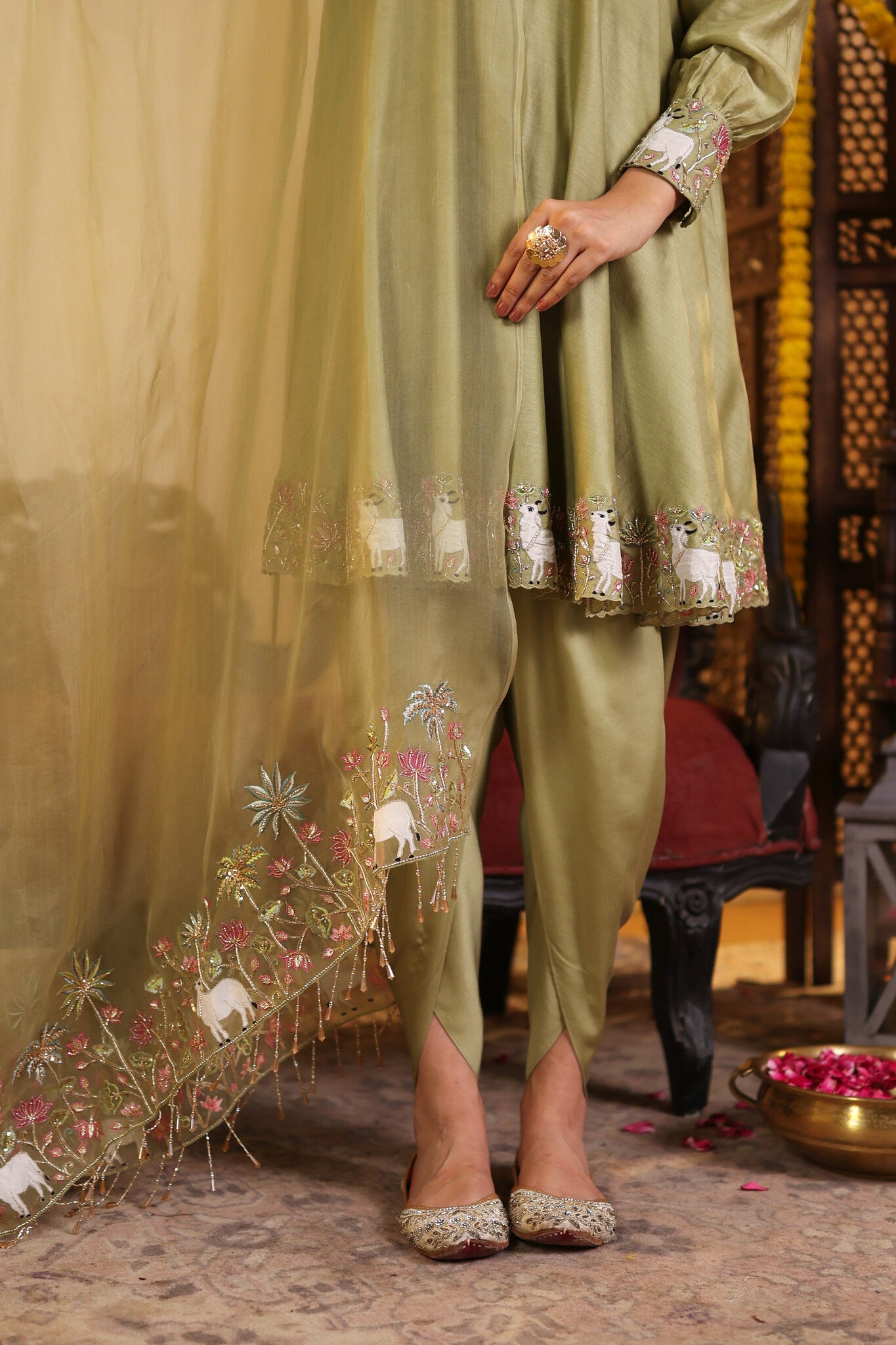 Sage Green Kurta Set with Tulip Pants — hem and trouser detail