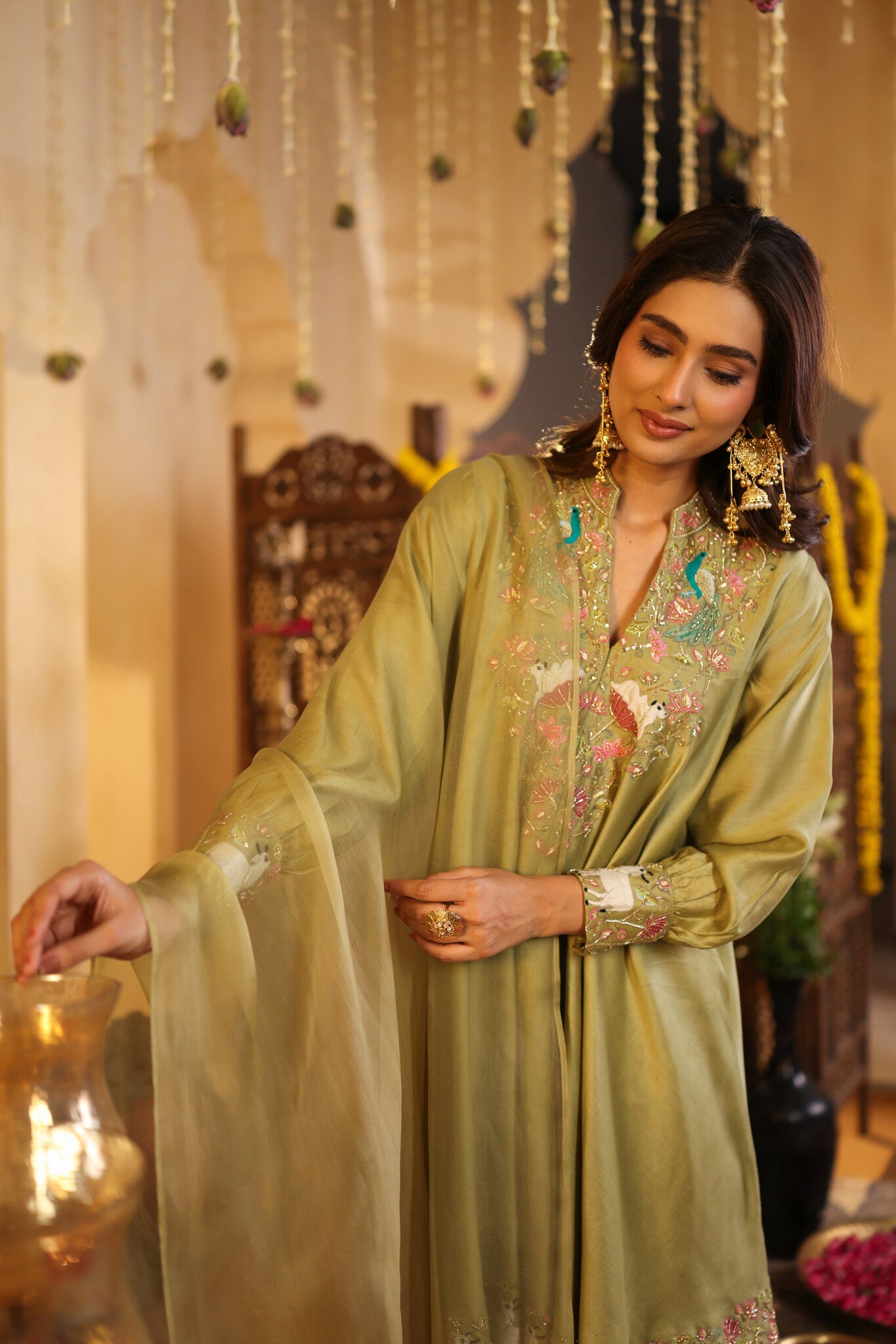 Sage Green Kurta Set with Tulip Pants — three-quarter view