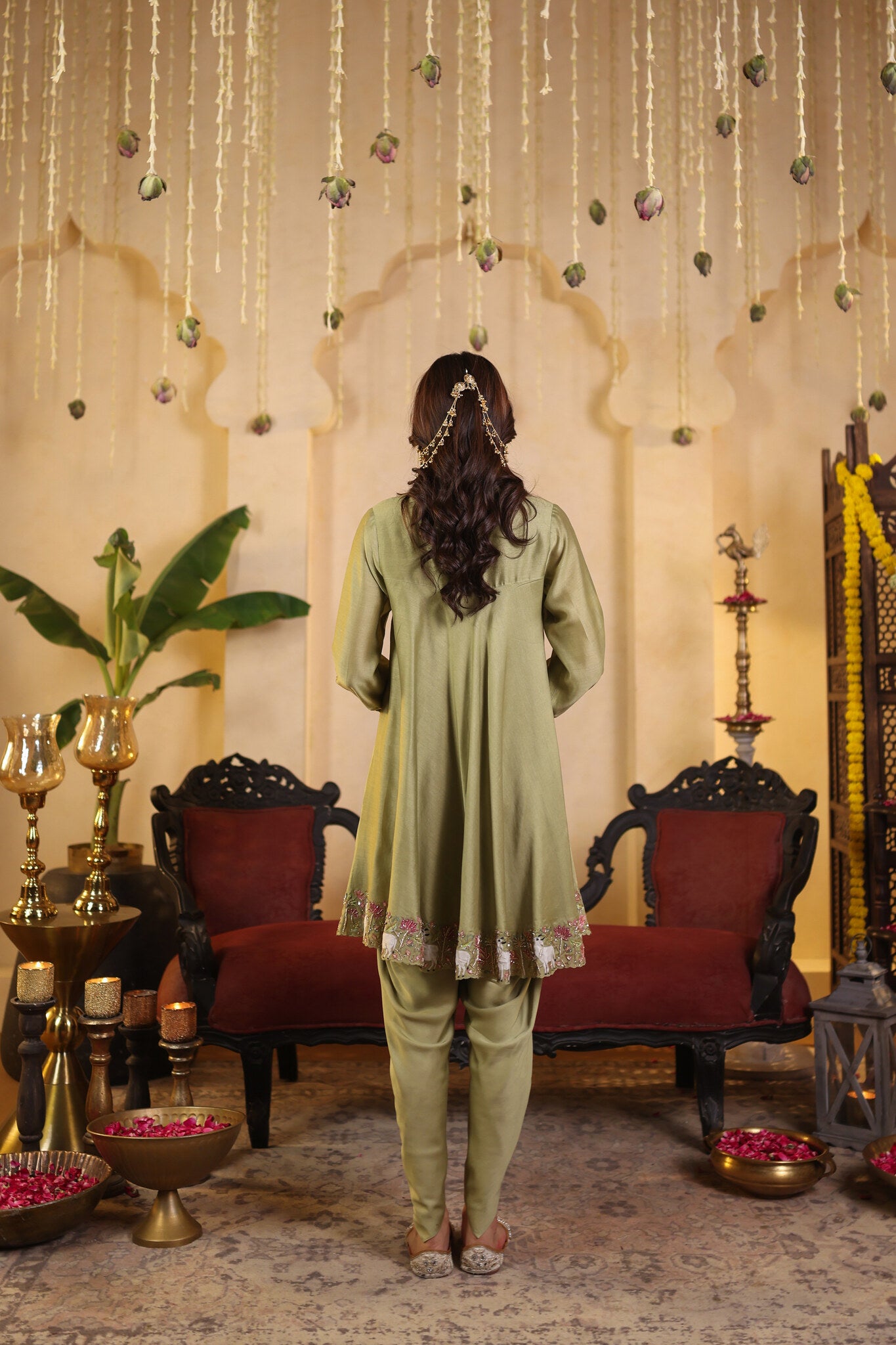 Sage Green Kurta Set with Tulip Pants — back view