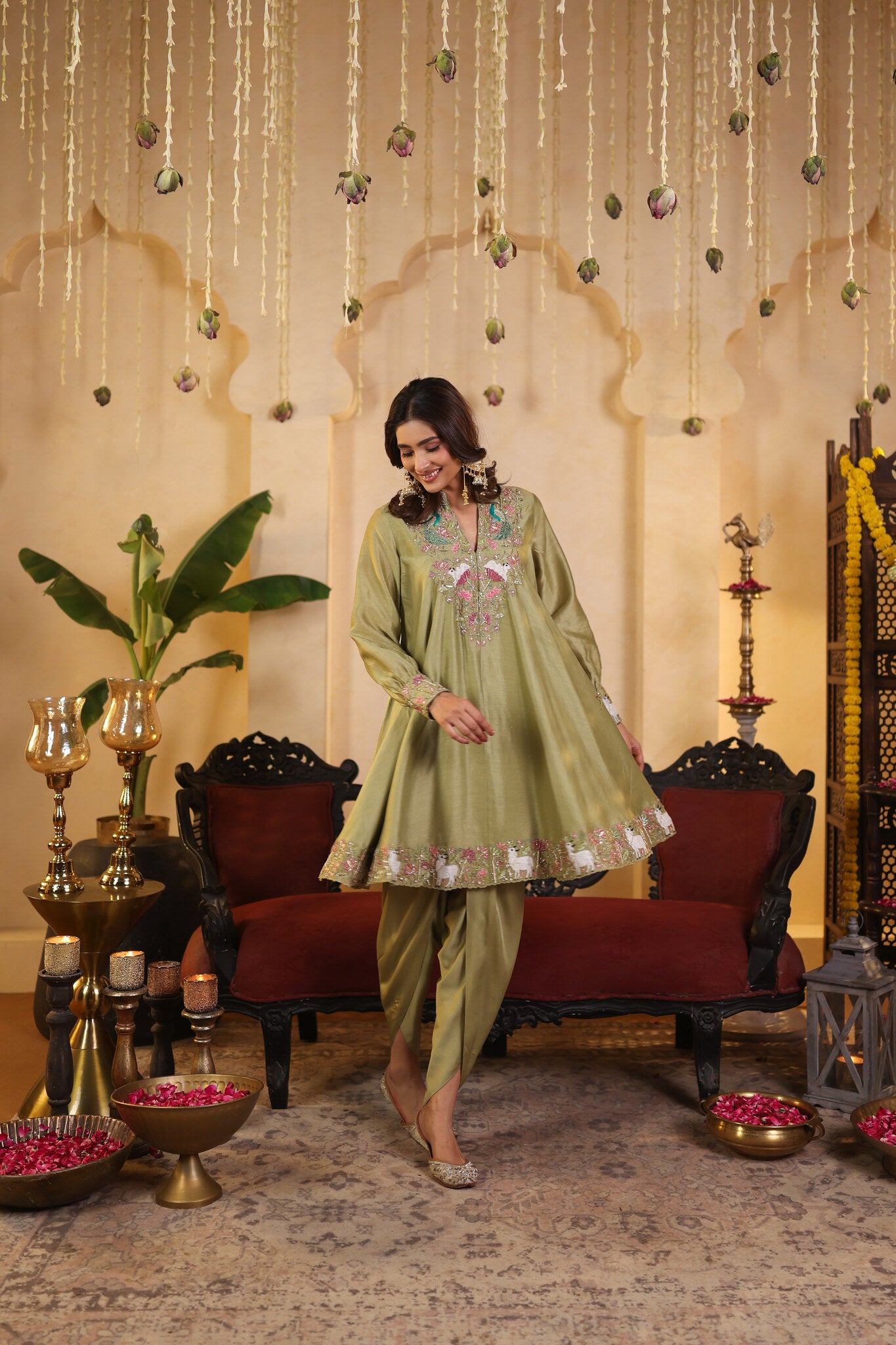 Sage Green Kurta Set with Tulip Pants — front view, in motion