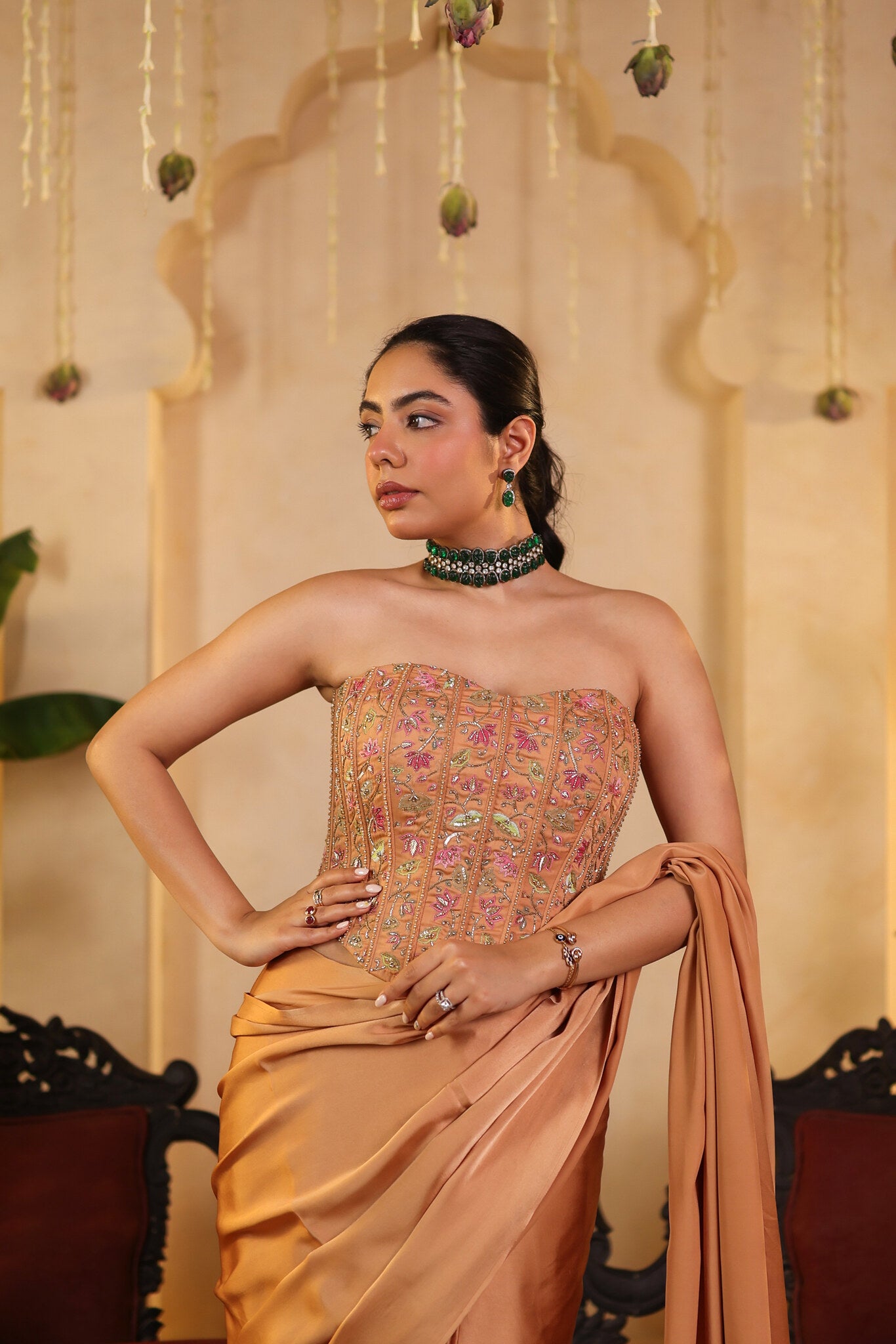 Soft Bronze Saree with Corset Blouse — three-quarter view