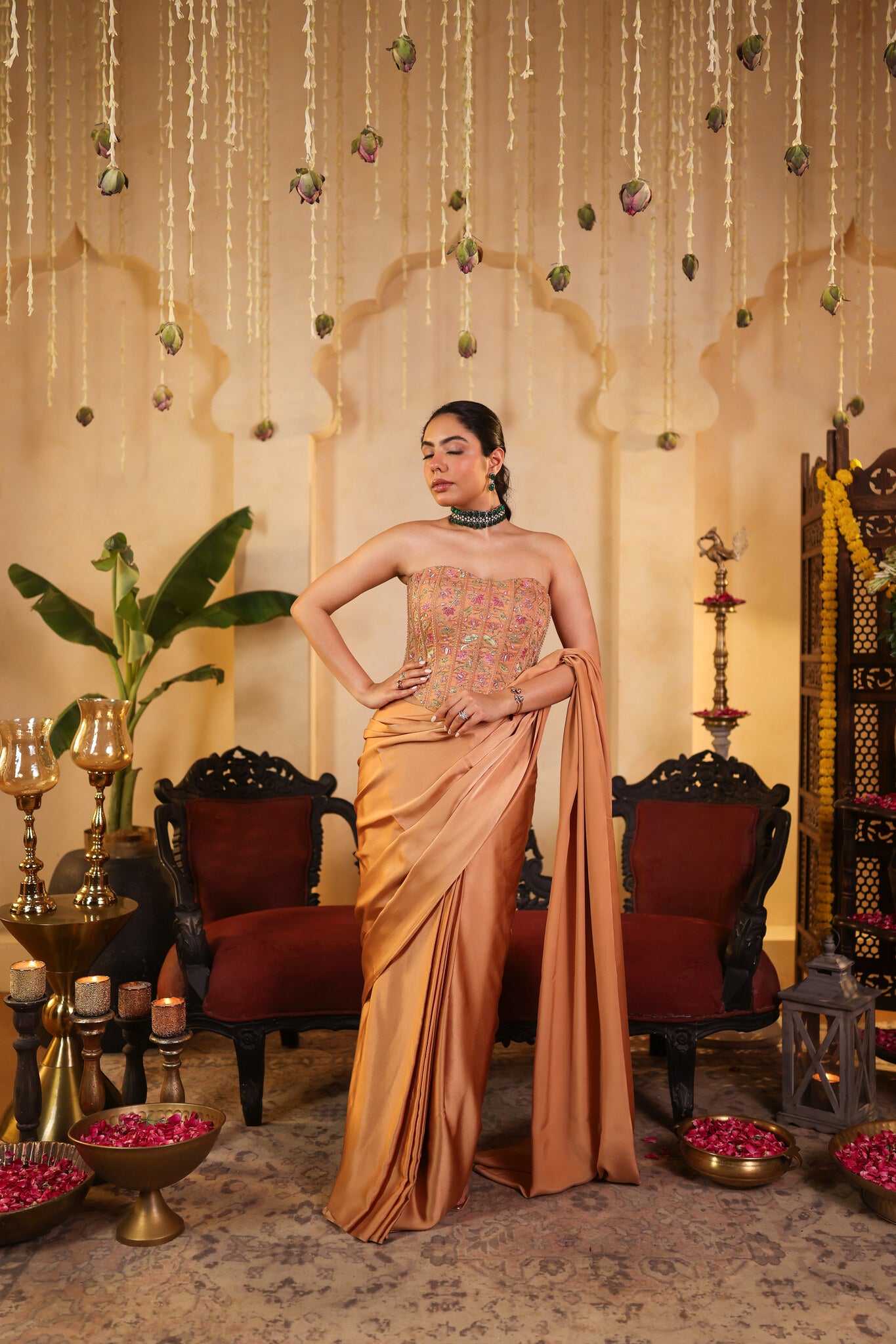 Coral Saree with Corset Blouse — front view
