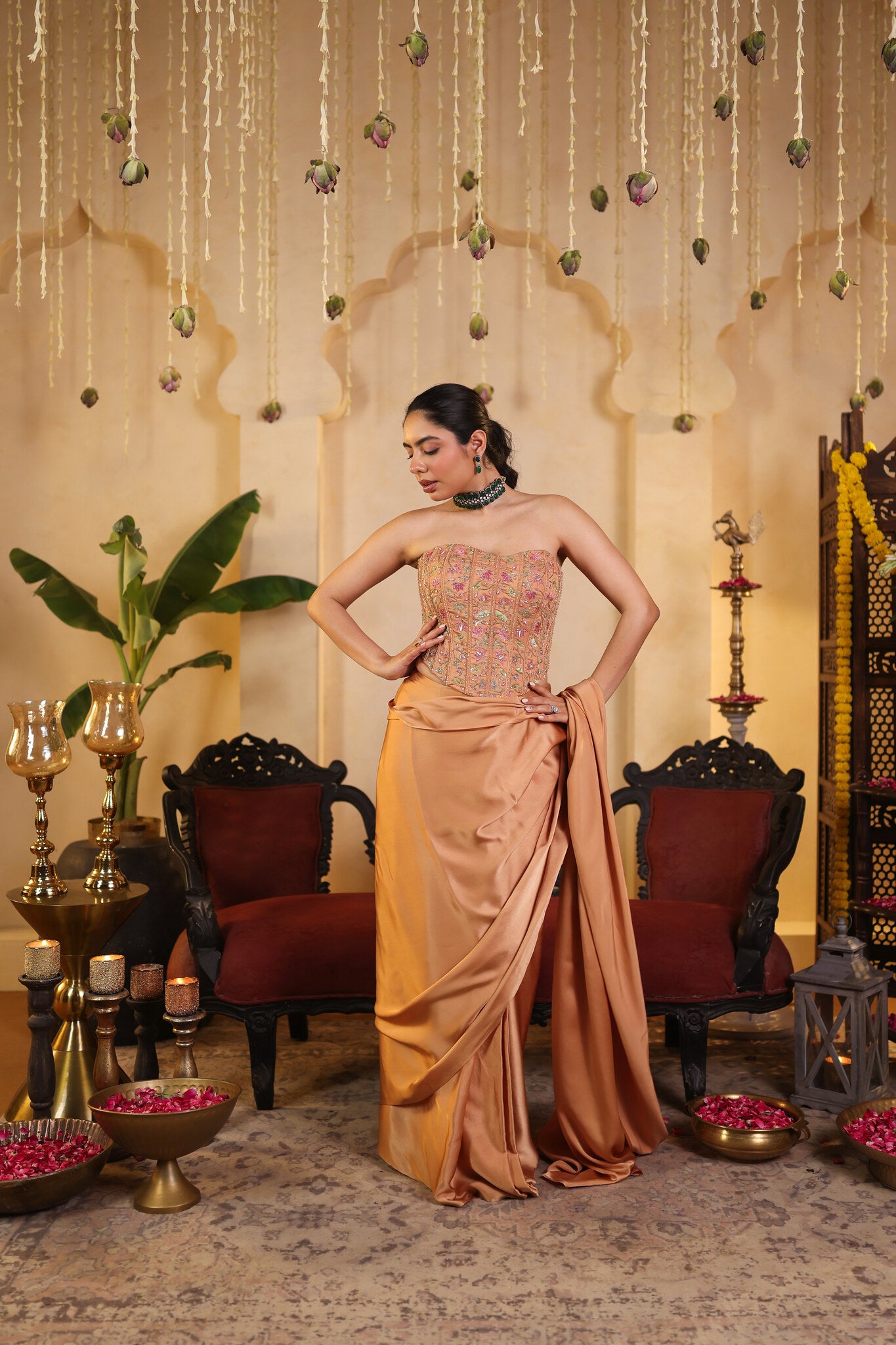 Soft Bronze Saree with Corset Blouse — three-quarter view