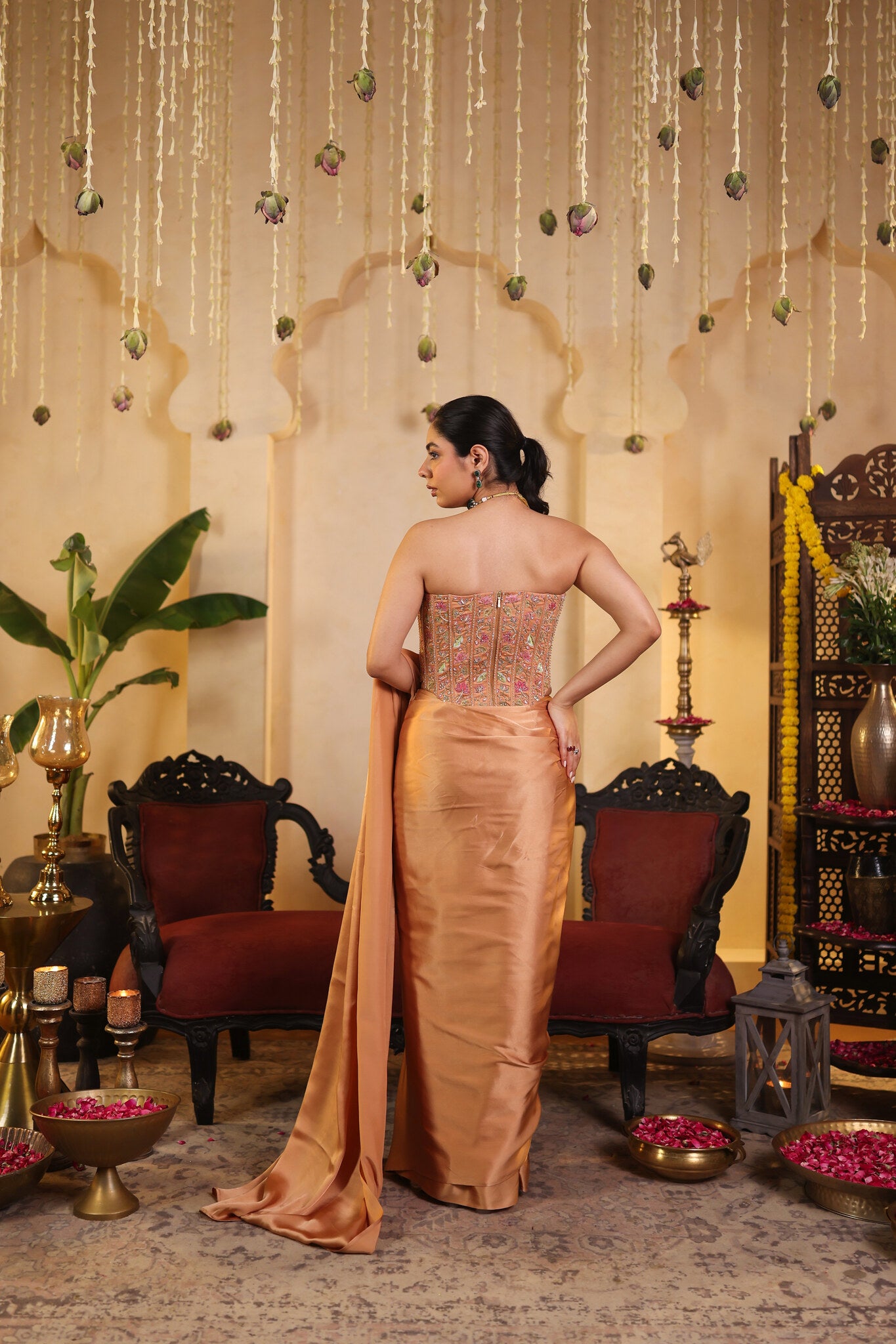 Soft Bronze Saree with Corset Blouse — back view