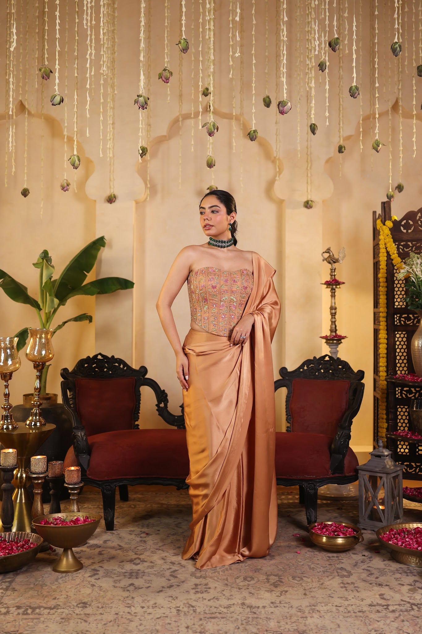 Coral Saree with Corset Blouse