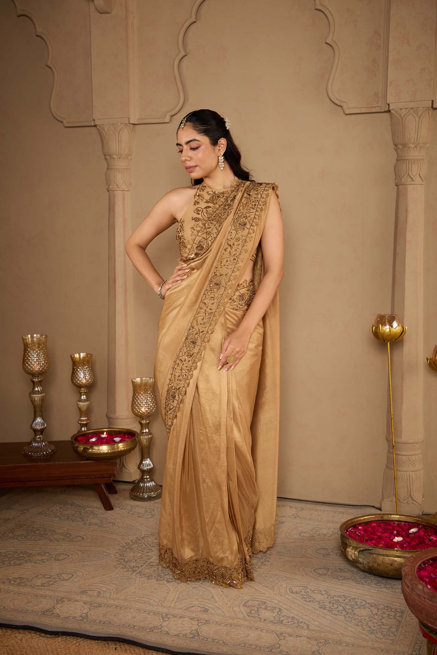 Antique Gold Pre-Draped Saree