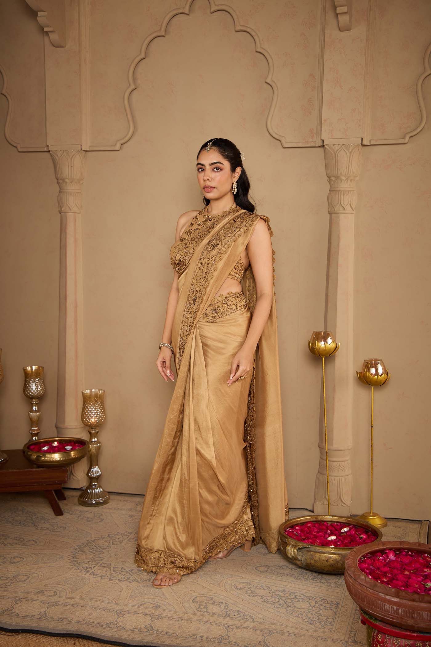 Antique Gold Pre-Draped Saree